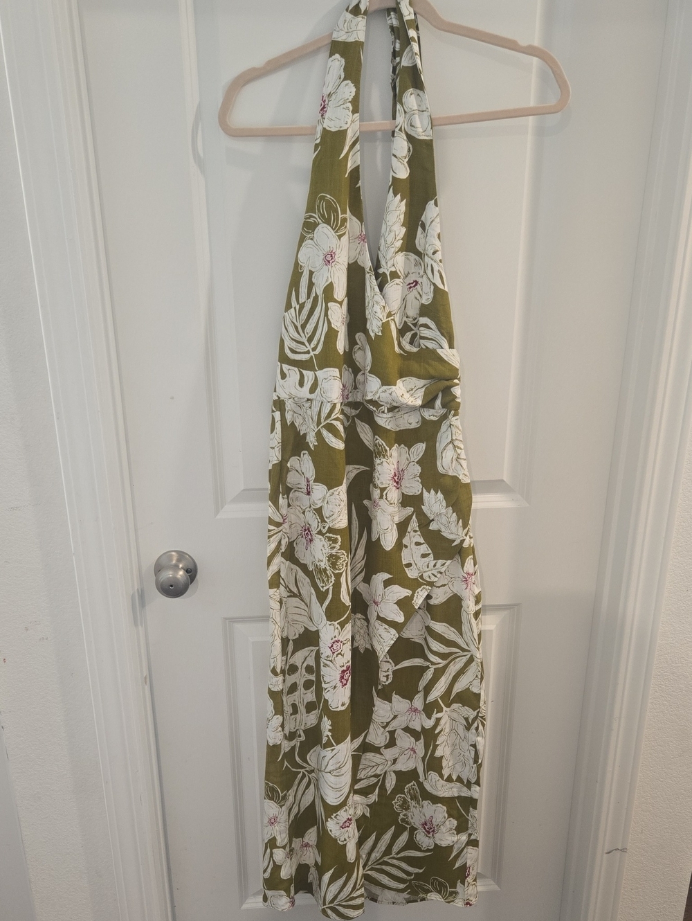 Zara Olive Green Floral Backless Halter Dress with White & Pink Details